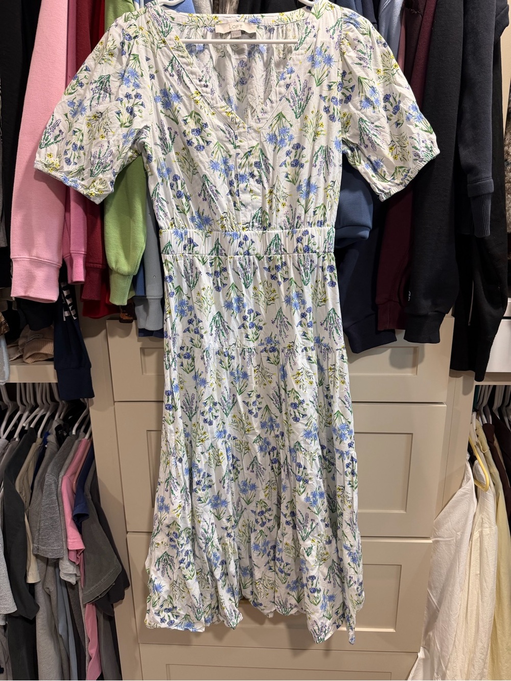 LOFT White Midi Dress with Blue and Green Floral Print lavender